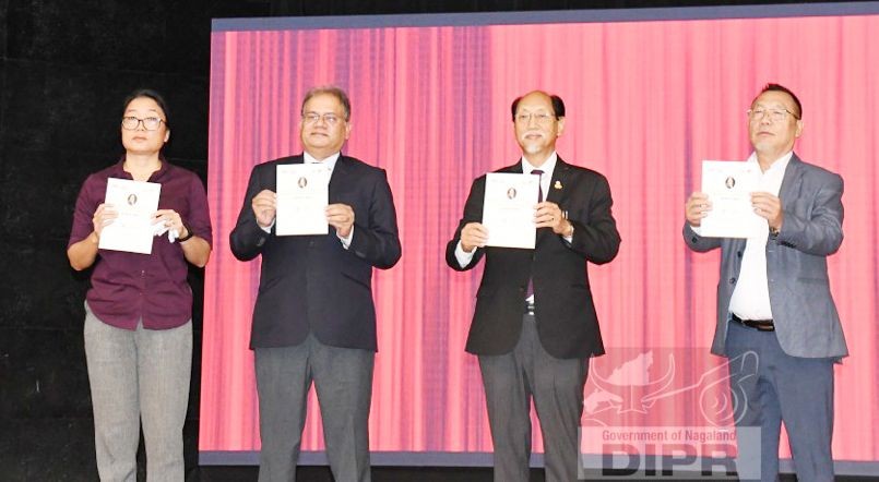 Chief Minister Neiphiu Rio and others during the launch of the CMHIS at the State Banquet Hall, CMRC, Kohima on October 14. (DIPR Photo)
